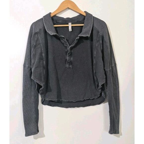 Daily Practice by Anthropologie Long-Sleeve Henley Top Large Gray Crop Waffle Z - Picture 1 of 4